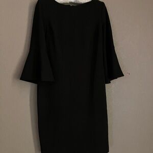 Calvin Klein Black Cocktail Dress with Bateau Neckline 3/4 sleeves, bell arm